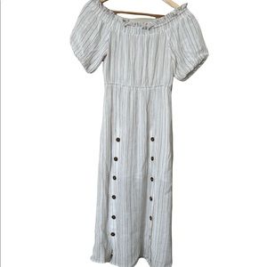 Essue Puff Sleeve Off-Shoulder White Striped Midi Dress Buttons Details sz Small